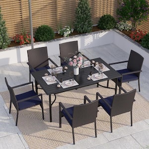Black 7-Piece Metal Patio Outdoor Dining Set with Rattan Chair with Blue Cushion