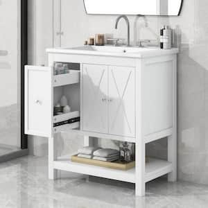 30 in. W x 18 in. D x 34 in. H Single Sink Fresstanding Bath Vanity in White with White Ceramic Top and 2 Doors