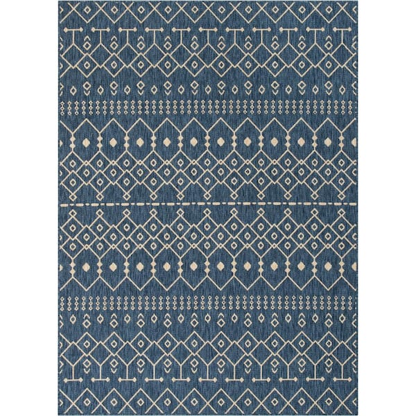 Well Woven Medusa Nord Blue 9 ft. 3 in. x 12 ft. 6 in. Moroccan Tribal Indoor Outdoor Distressed Flat Weave Area Rug