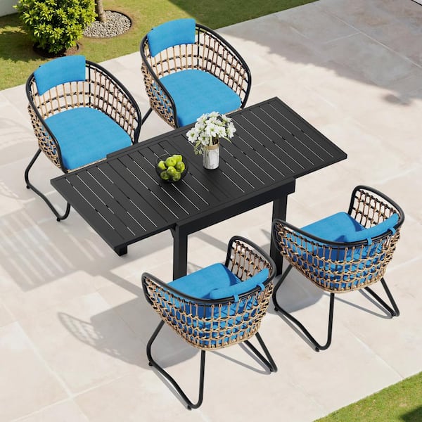 5-Piece Metal 63 in. Outdoor Dining Set with Rattan Chairs and Blue Cushions