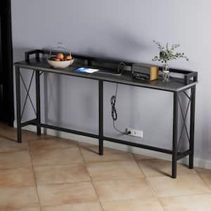 Narrow Charging Station 70.9 in. Gray Rectangle Wood Console Table with Outlet and USB Ports, Entryway Table Side Table