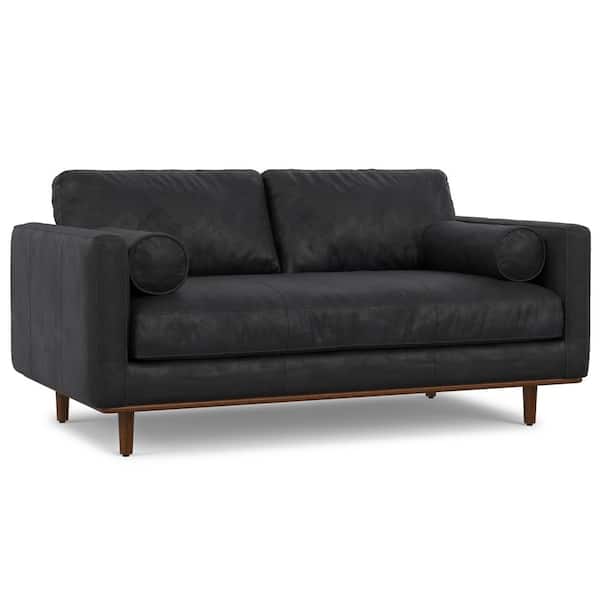 Morrison 72 in. Straight Arm Genuine Leather Wide Rectangle Mid-Century Modern Sofa in Lead Black