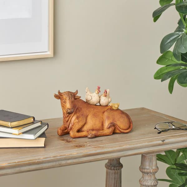 Copper Resin Cow Sculpture with Sitting Roosters and Chicks
