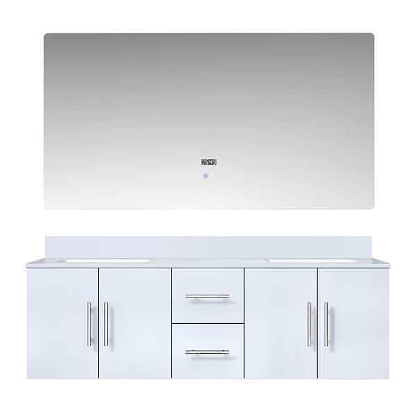 Geneva 60 in. W x 22 in. D Glossy White Double Bath Vanity, White Quartz Top, and 60 in. LED Mirror