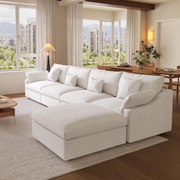 156 in. Square Arm 5-piece Linen Modular Sectional Sofa in. Beige with Ottoman, Living Room Couch, Customizable Design