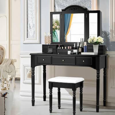 New Vanity Black Dressing Table Makeup Mirror & Rose Stool Set Dresser 7 Drawers