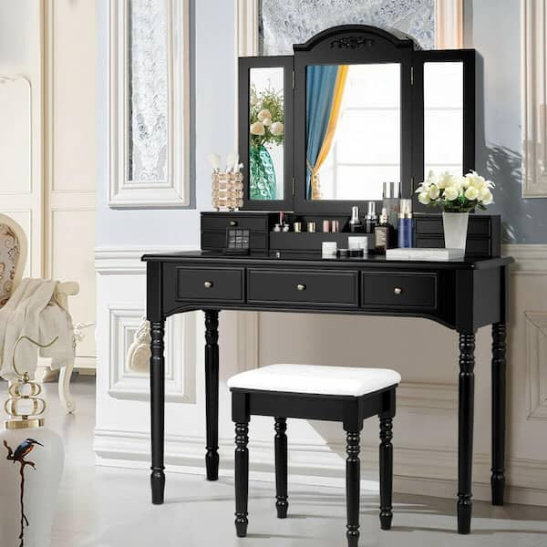 7 Drawers Vanity Set Dressing Table with Tri-Folding Mirror Black