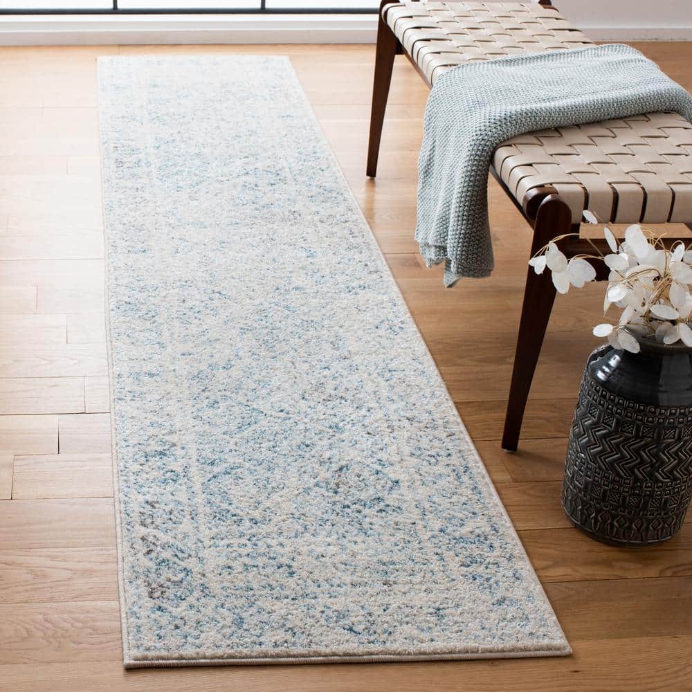 Ivory and Turquoise Geometric Hand-Knotted Runner Rug