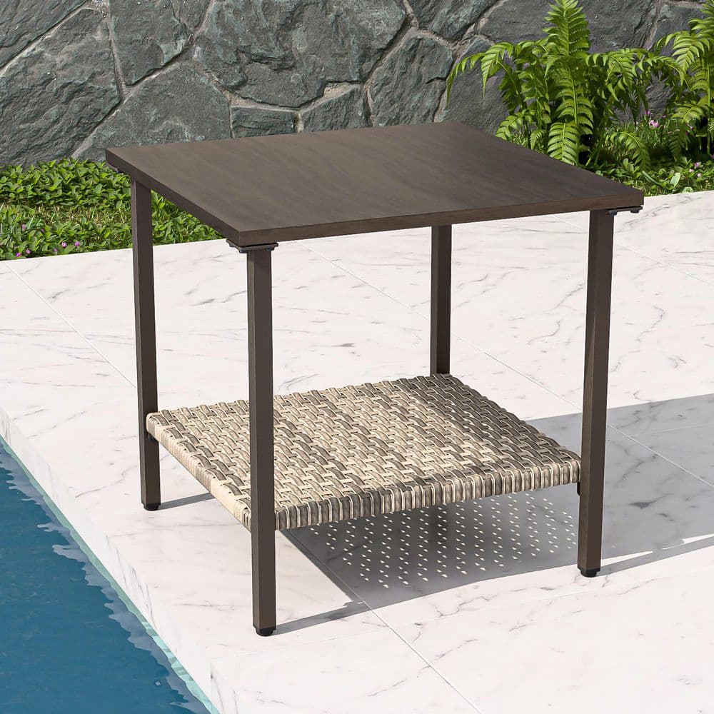 Patio Outdoor Wood Grain Top Steel Square Side Table with Wicker Shelf price history on PriceWatchPro