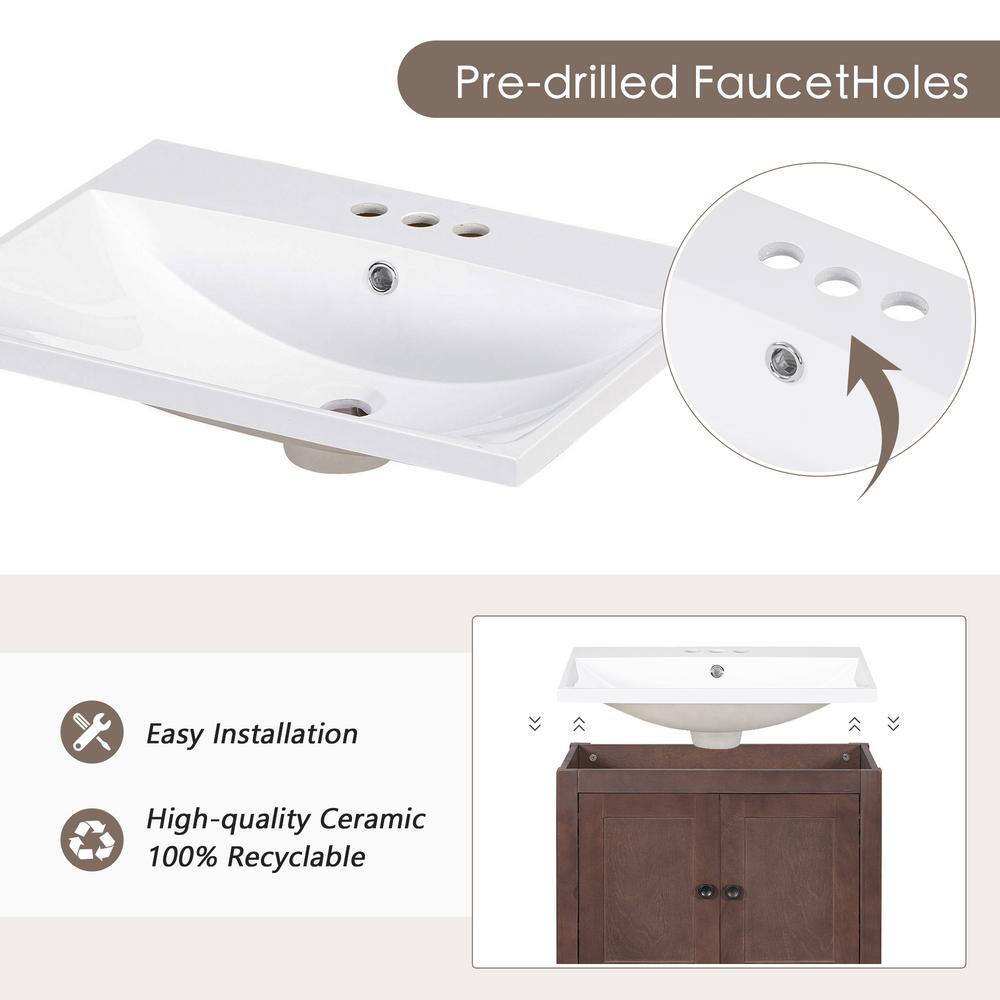 24" Brown Solid Wood Bath Vanity with White Ceramic Sink