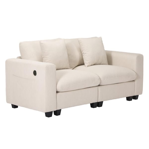 Hamilton Corduroy Upholstered Square Arm Modular Loveseat with USB Charger Port, Cream