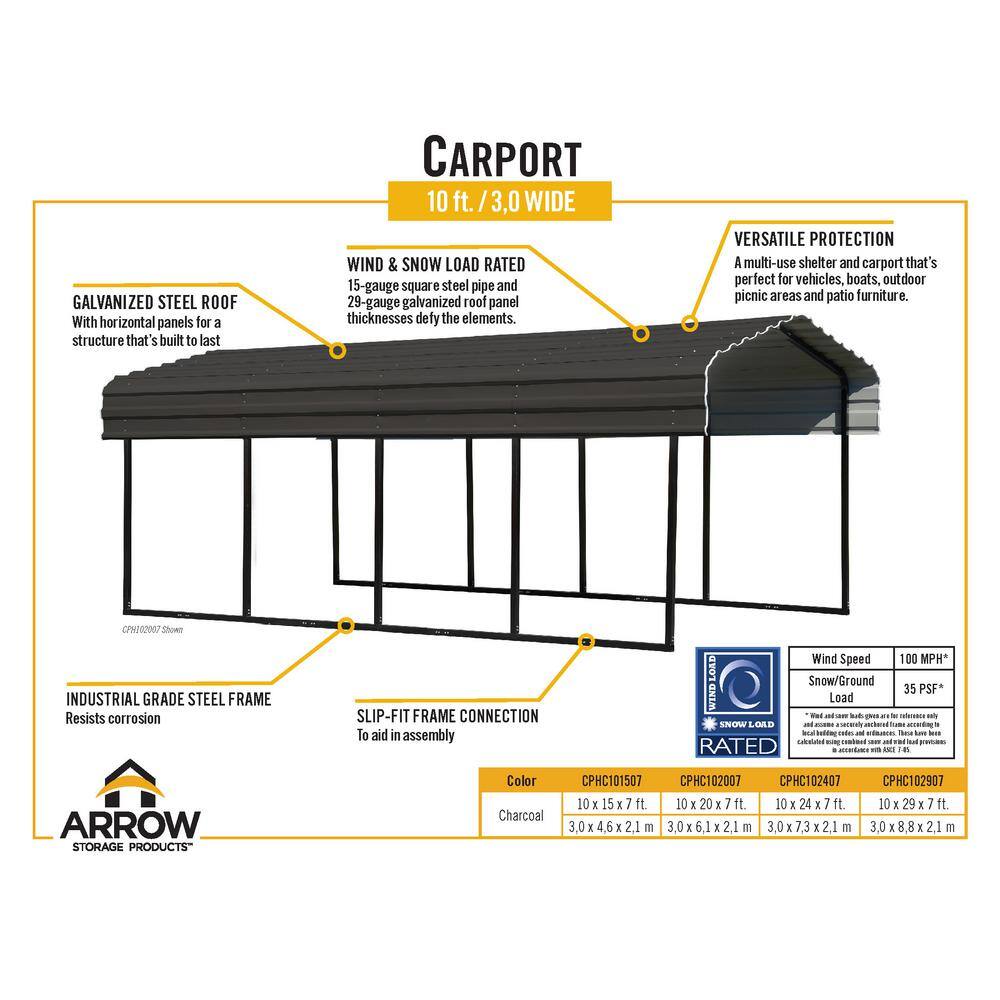 Charcoal Galvanized Steel Carport with Black Frame, 10 ft. x 29 ft. x 7 ft.