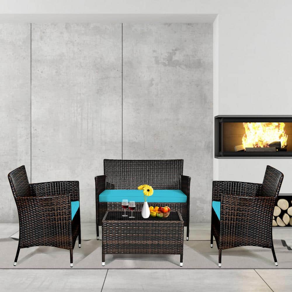 4-Piece Wicker Patio Conversation Set Outdoor Rattan Furniture Set with Turquoise Cushions price history on PriceWatchPro