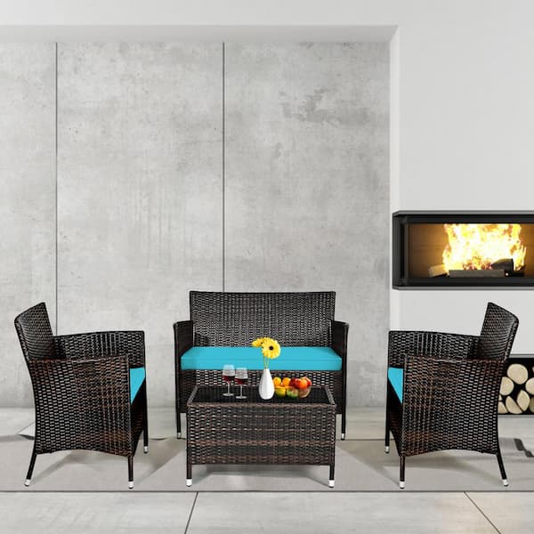 4-Piece Wicker Patio Conversation Set Outdoor Rattan Furniture Set with Turquoise Cushions
