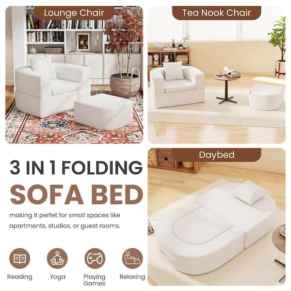 Magic Home 40 in. Convertible Sofa Square Arm Teddy Velvet with Adjustable Backrest and Pillows for Living Room, Apartment in White