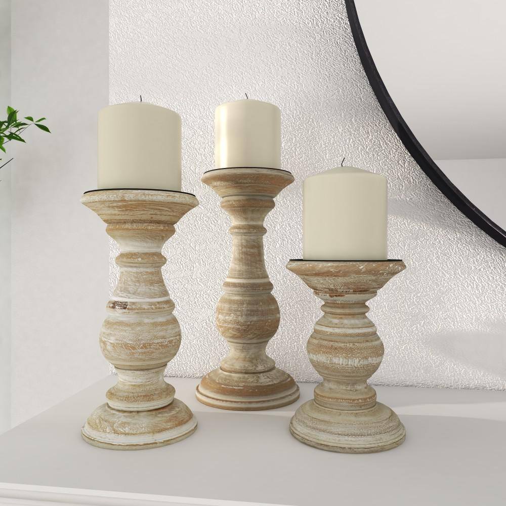 Winter Elegance Cream Mango Wood Pillar Candlestick Trio