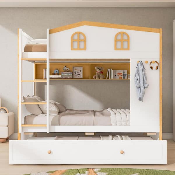 White/Natural-Trundle Wood Twin Over Twin Bunk Bed with House-Shaped Guardrails and Storage Shelves and Trundle