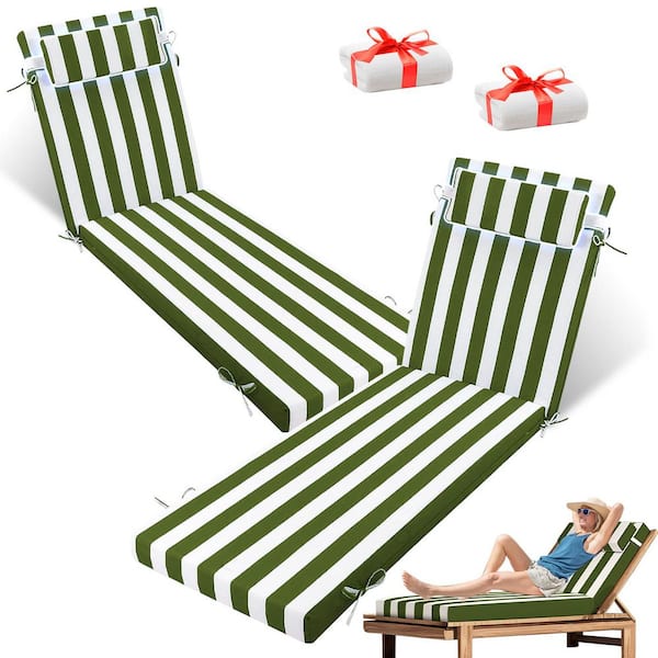 71 in. x 21 in. x4 in. (2-Pack) Waterproof Outdoor Chaise Lounge Cushion With a Bath Towel Grass Green and White Stripes