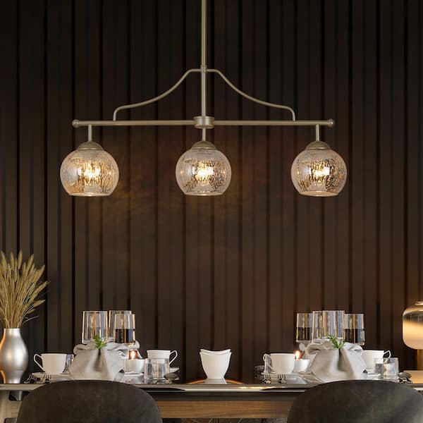 3-Light Modern Gold Kitchen Island Chandelier Lighting, Transitional Linear Pendant Hanging Light with Mercury Glass
