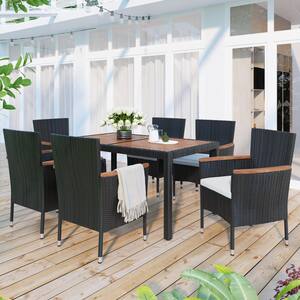 Black 7-Piece Wicker Outdoor Dining Set with Beige Cushions and Acacia Wood Tabletop