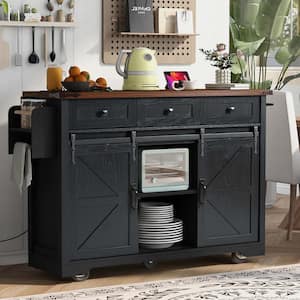 Black Wood 53.8 in. Kitchen Island with Drop Leaf and Power Outlet, Wheels for Home, Kitchen