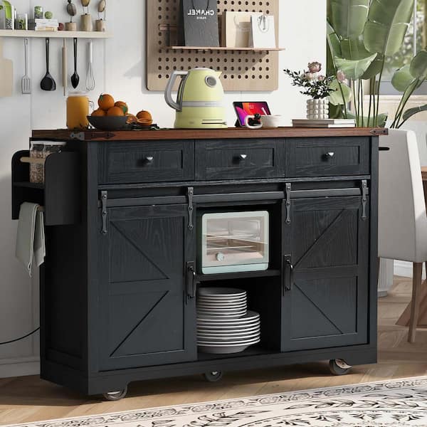 Zeus & Ruta Black Wood 53.8 in. Kitchen Island with Drop Leaf and Power Outlet, Wheels for Home, Kitchen