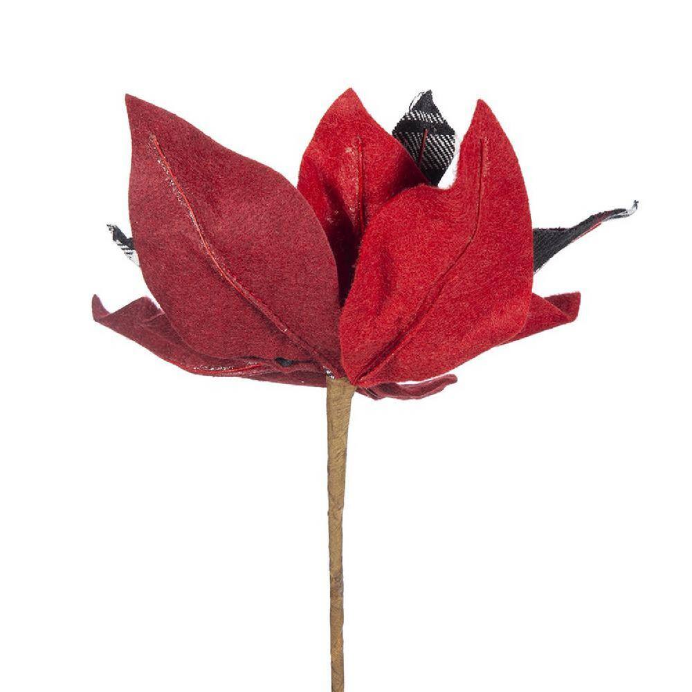 Set of 12 Red and Black Plaid Poinsettia Stems