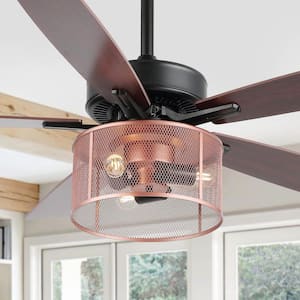 Max 52 in. 3-Light Farmhouse Industrial Iron/Wood Mobile-App/Remote-Controlled LED Ceiling Fan, Black/Red Cherry/Copper