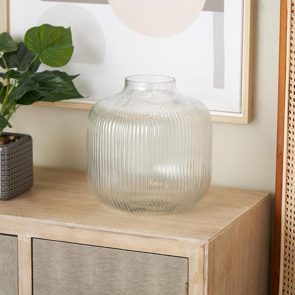 Litton Lane 11 in. Ribbed Clear Glass Vase, Round Fluted Decorative Flower Vase