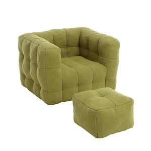 Modern Olive Green Boucle Square Bean Bag Accent Chair with Ottoman