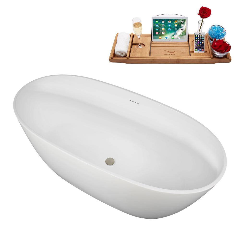 59" Glossy White Acrylic Freestanding Soaking Bathtub with Bamboo Tray