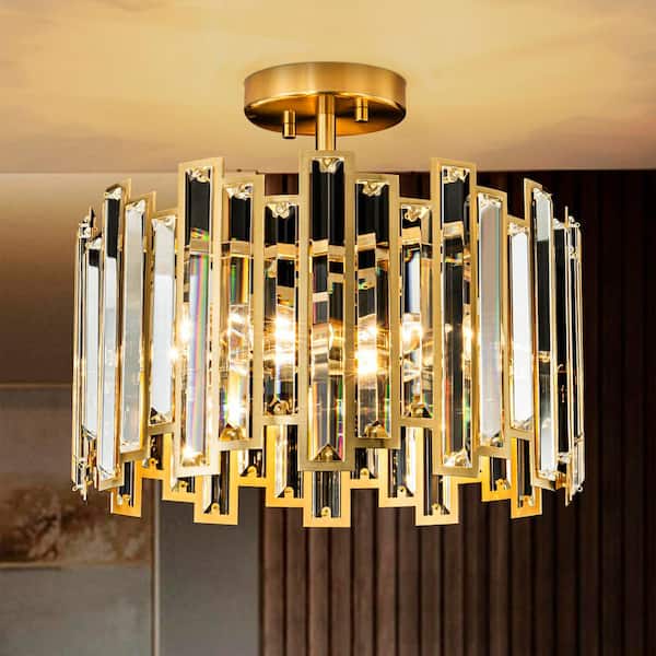 RRTYO Douthit 14 in. 5-Light Modern Gold Cylinder Drum Crystal Semi-Flush Mount Ceiling Light with Shade