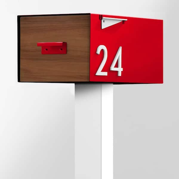 The Malone Color Series-Large Red Malone Post Mounted Mailbox with White Post and Sublimated Wood Door
