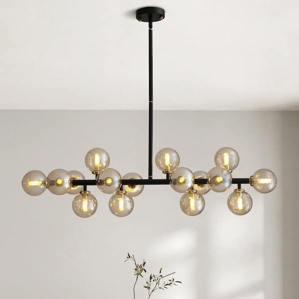 39.4 in. 16-Light Amber Globe Sputnik Chandelier Black Finished