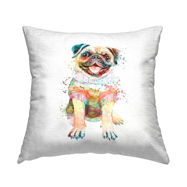 Stupell Industries Happy Pug in Sweater Multi-Color Square Outdoor Throw Pillow