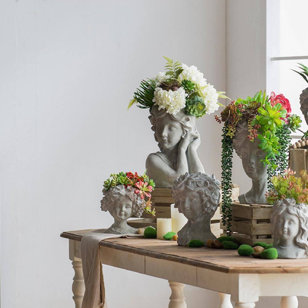 Gray Cement Floral Wreath Lady Head Planter Sculpture