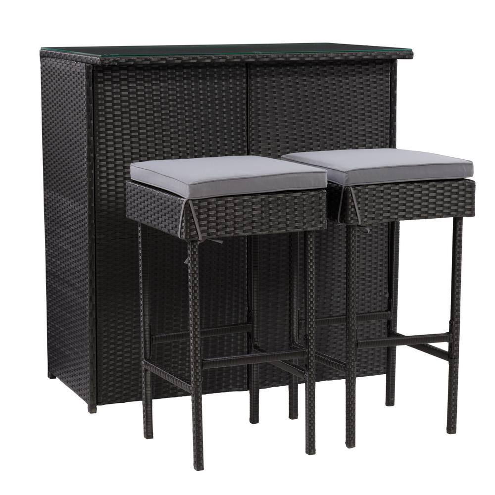 Parksville Black Resin Wicker and Steel Patio Bar Set with Grey Cushions