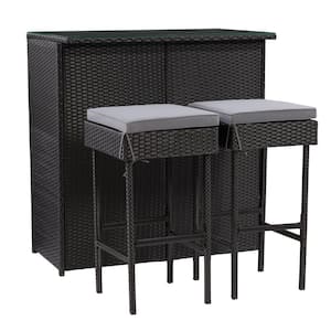 Parksville Black 3-Piece Rust Proof Resin Wicker Outdoor Serving Bar Set with Ash Grey Cushions