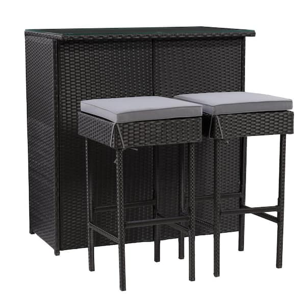 CorLiving Parksville Black 3-Piece Rust Proof Resin Wicker Outdoor Serving Bar Set with Ash Grey Cushions
