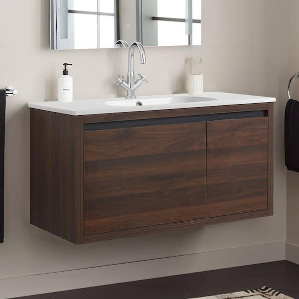 Modern 35.4 in. W x 18.1 in. D x 19.7 in . H Floating Bath Vanity in California Walnut with White Resin Top
