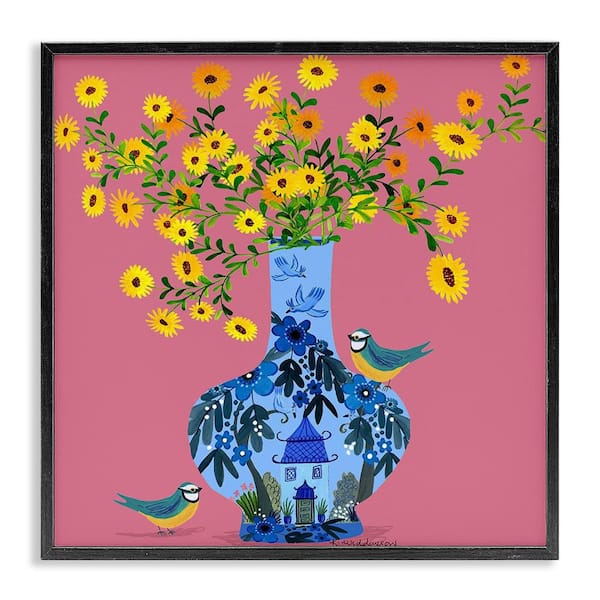 Stupell Industries Ornate Vase with Daisies by Kay Widdowson Black Framed Nature Giclee Art Print 17 in. x 17 in.