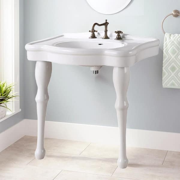 Jasmine 32-1/2 in. Console Bathroom Sink Vitreous China Combo in White with  2 Spindle Legs and Widespread Faucet Holes