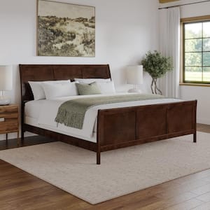 Portland Walnut Brown Solid Wood Frame King Foundation Panel Bed with Matching Footboard