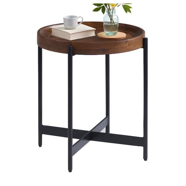 Brookline 20 in. Round Wood End Table with Solid Wood Top and Black Metal Legs, Accent Table for Small Spaces, Chestnut