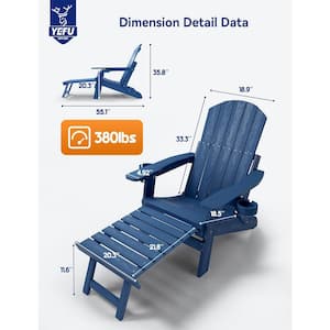 Navy Blue Outdoor Folding Adirondack Chair with Integrated Pullout Ottoman and Cup Holder (Set of 4)