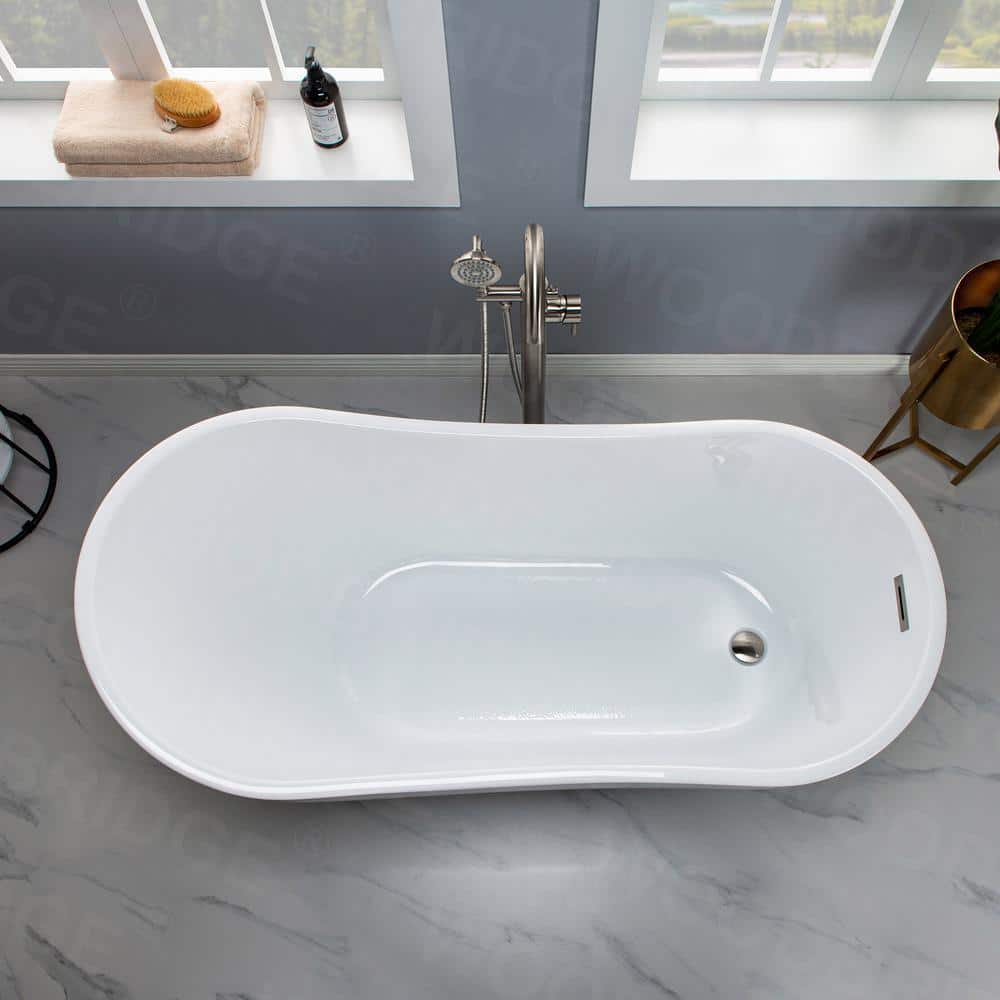 59" White Acrylic Freestanding Single Slipper Bathtub with Brushed Nickel Trim