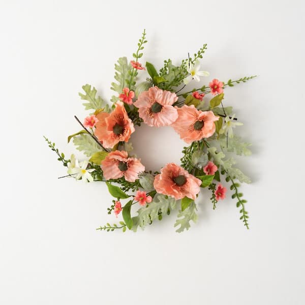 SULLIVANS 14.5 in. Artificial Peachy Poppy Bush Small Wreath