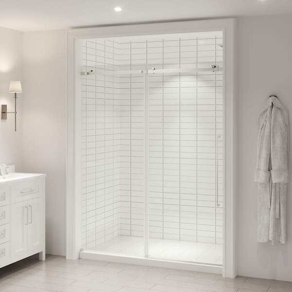 OVE Decors Selby 60 in. W x 74.02 in. H Sliding Frameless Shower Door with Clear Glass in Satin Nickel