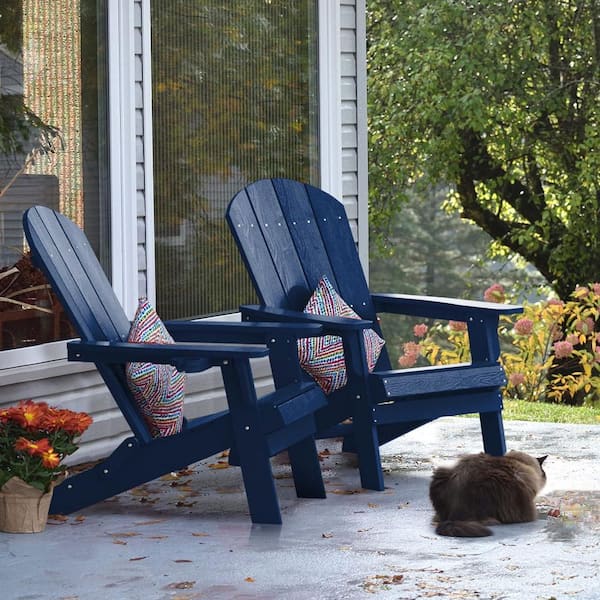 Dark Blue Plastic Outdoor Folding Adirondack Chair with Cup Holder (2-Pack)