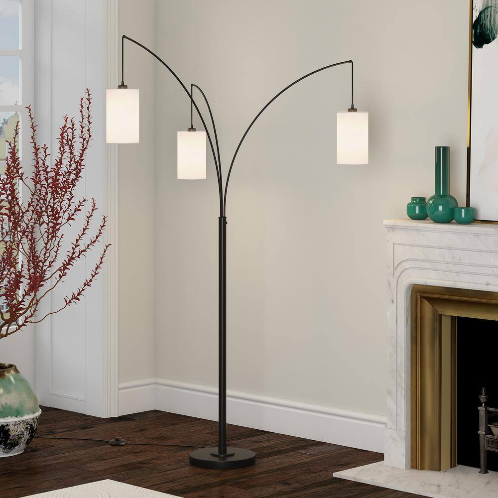 Adjustable Blackened Bronze Torchiere Floor Lamp with Linen Shades